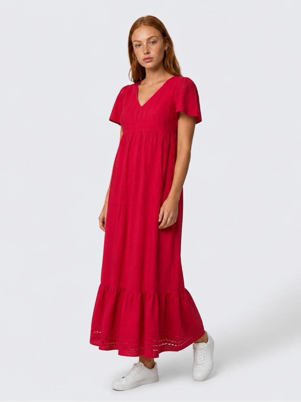 Kensie Bright Pink Eyelet Maxi Dress with V-Neck